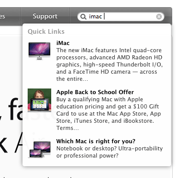 Screenshot of autosuggest on Apple.com