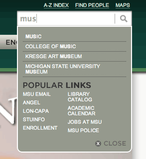Screenshot of MSU.edu Autosuggest feature